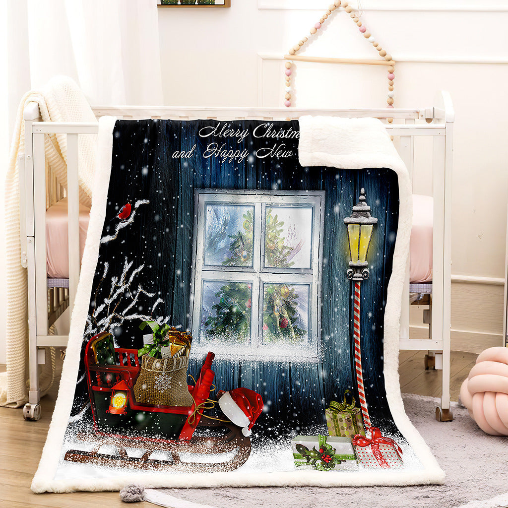 Teddy-lined Christmas blanket with a festive print - snowy window and lantern