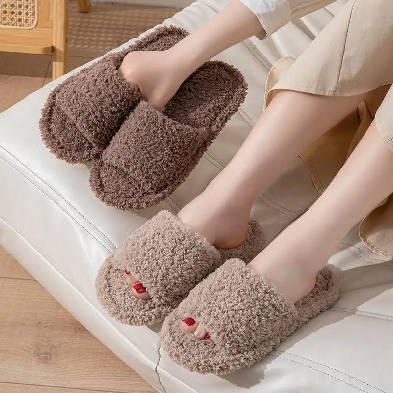 Curly teddy slippers with one wide strap, open toe and flat sole