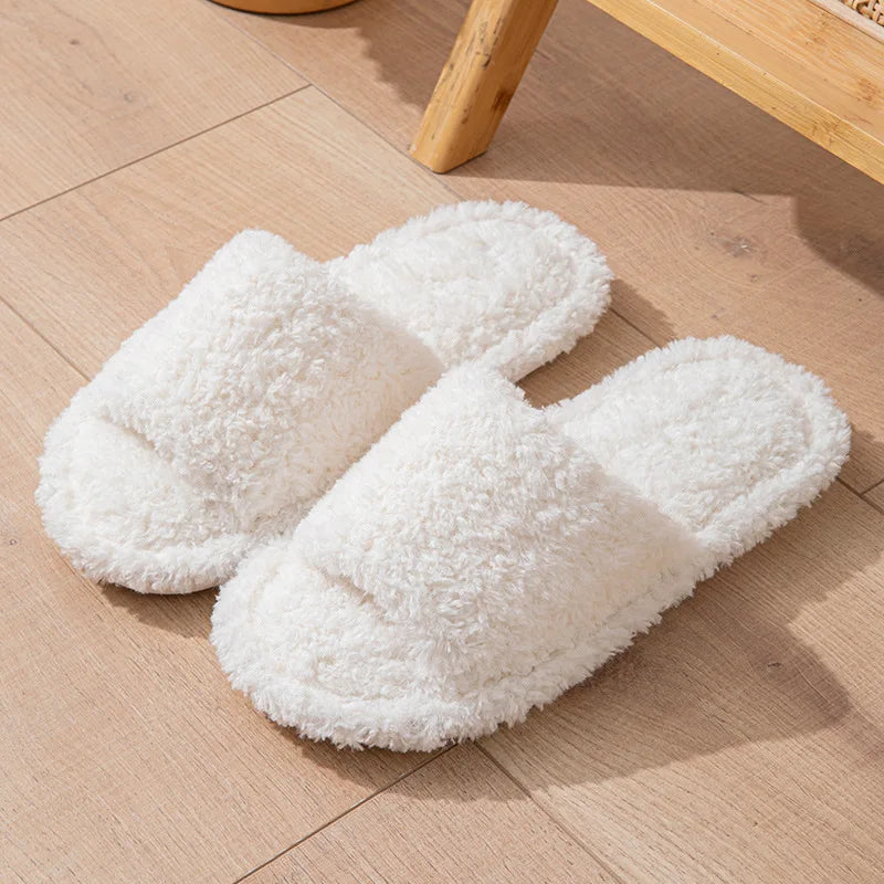 Curly teddy slippers with one wide strap, open toe and flat sole - white