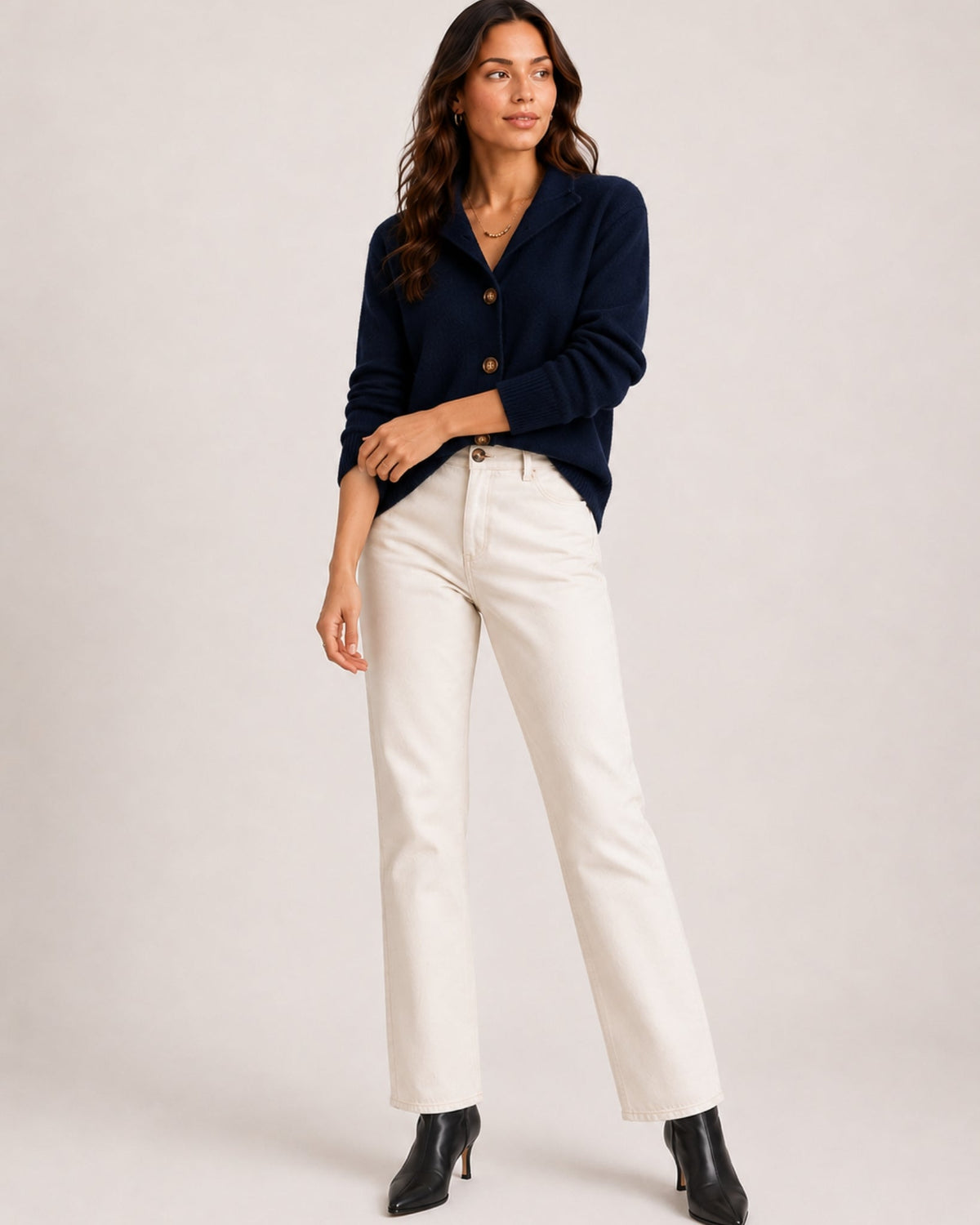 Women's textured knit cardigan with a flat collar and button front - navy