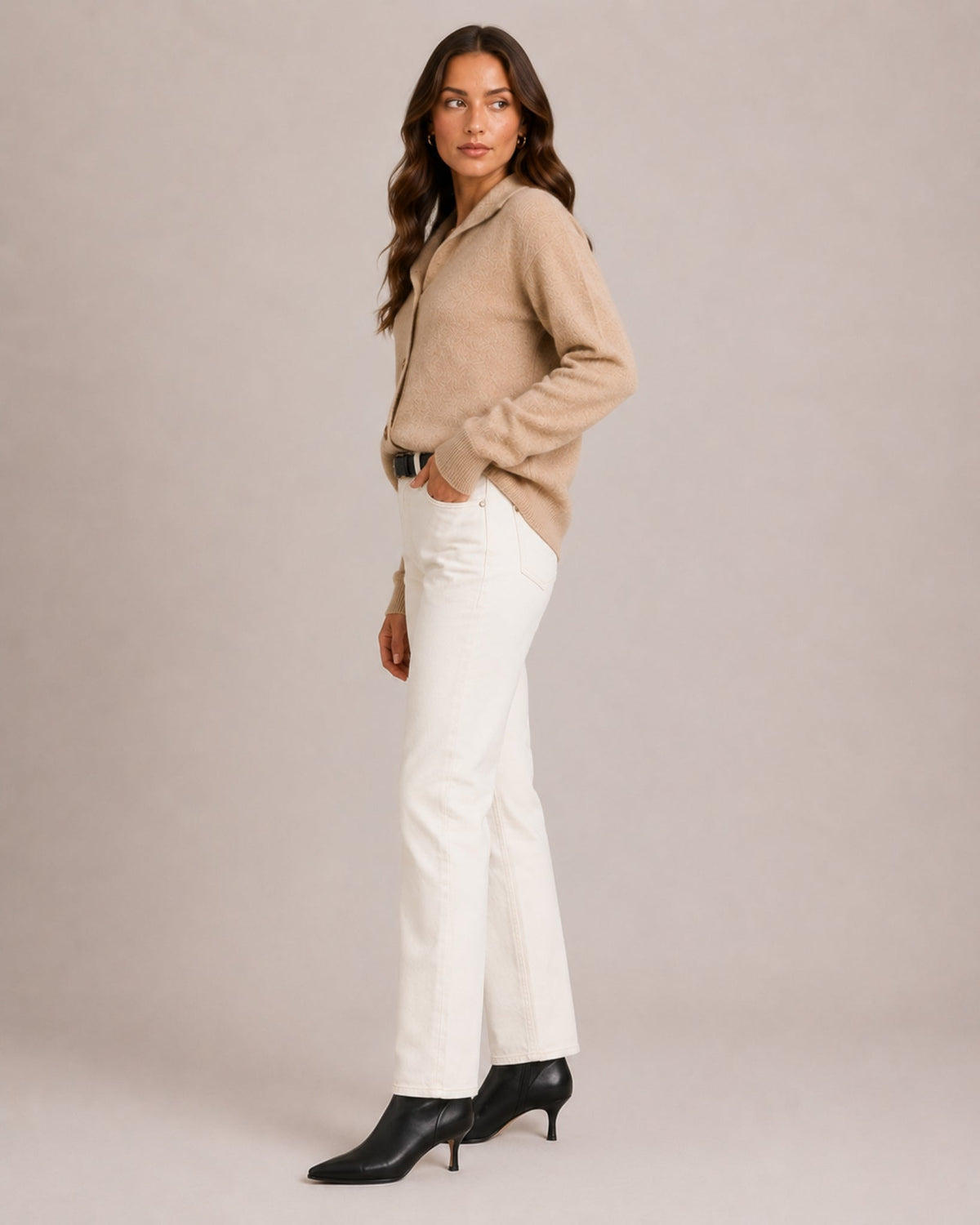 Women's textured knit cardigan with a flat collar and button front