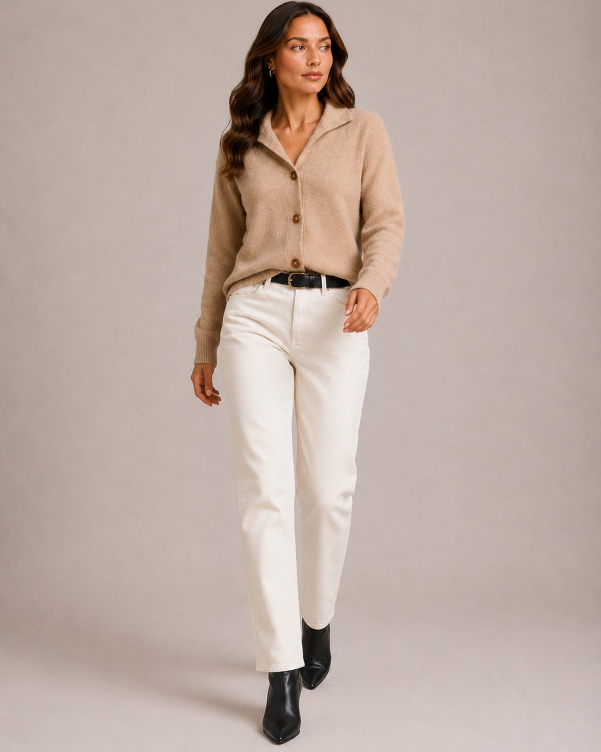 Women's textured knit cardigan with a flat collar and button front