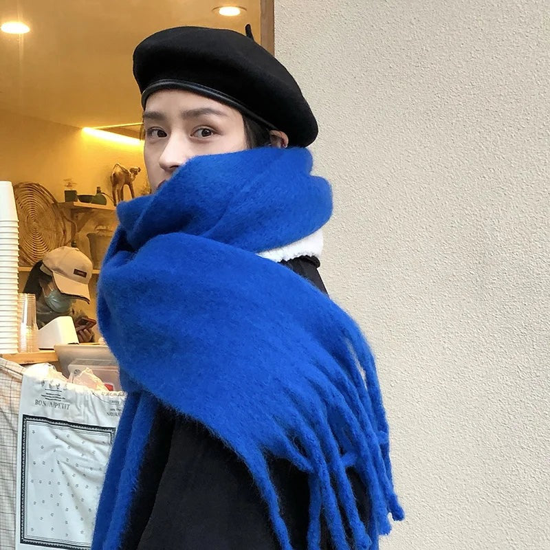 Women's thick plain scarf with a fluffy surface and long fringe at both ends