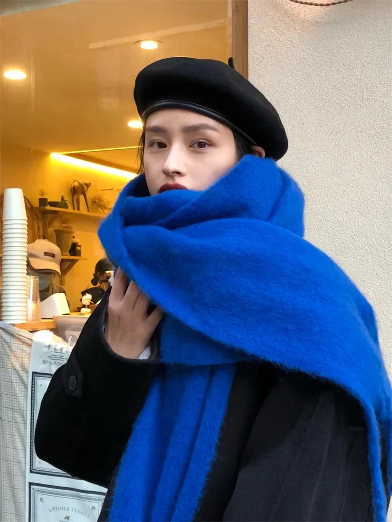 Women's thick plain scarf with a fluffy surface and long fringe at both ends - cobalt blue