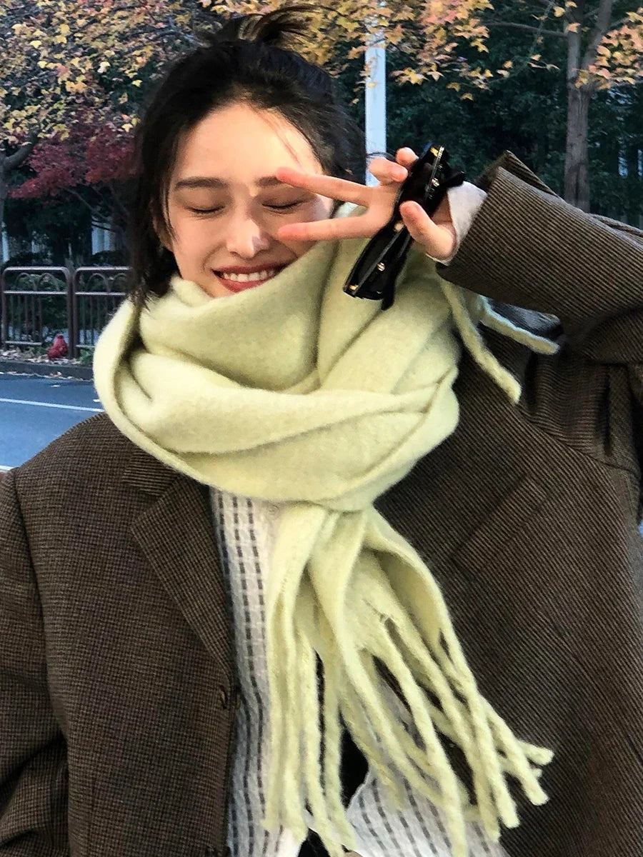 Women's thick plain scarf with a fluffy surface and long fringe at both ends