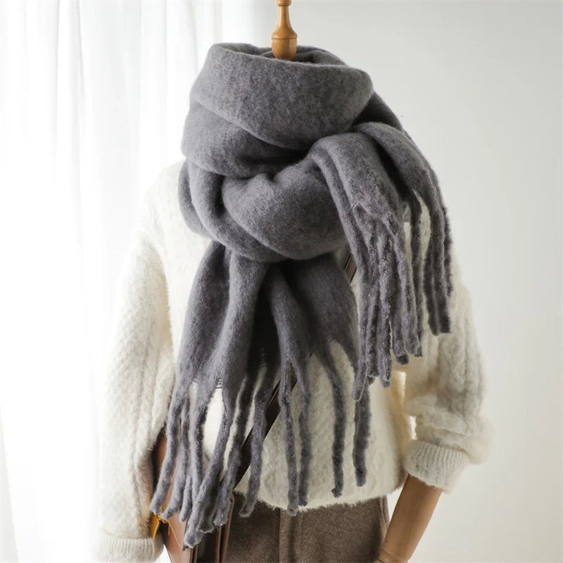 Women's thick plain scarf with large tassels at both ends - grey