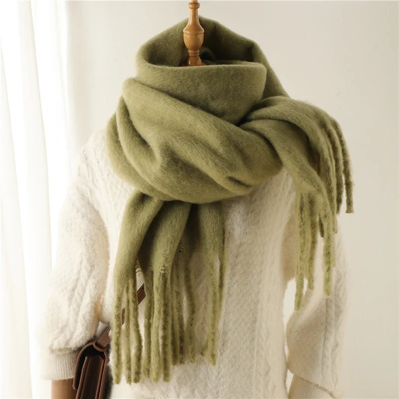 Women's thick plain scarf with large tassels at both ends - olive green