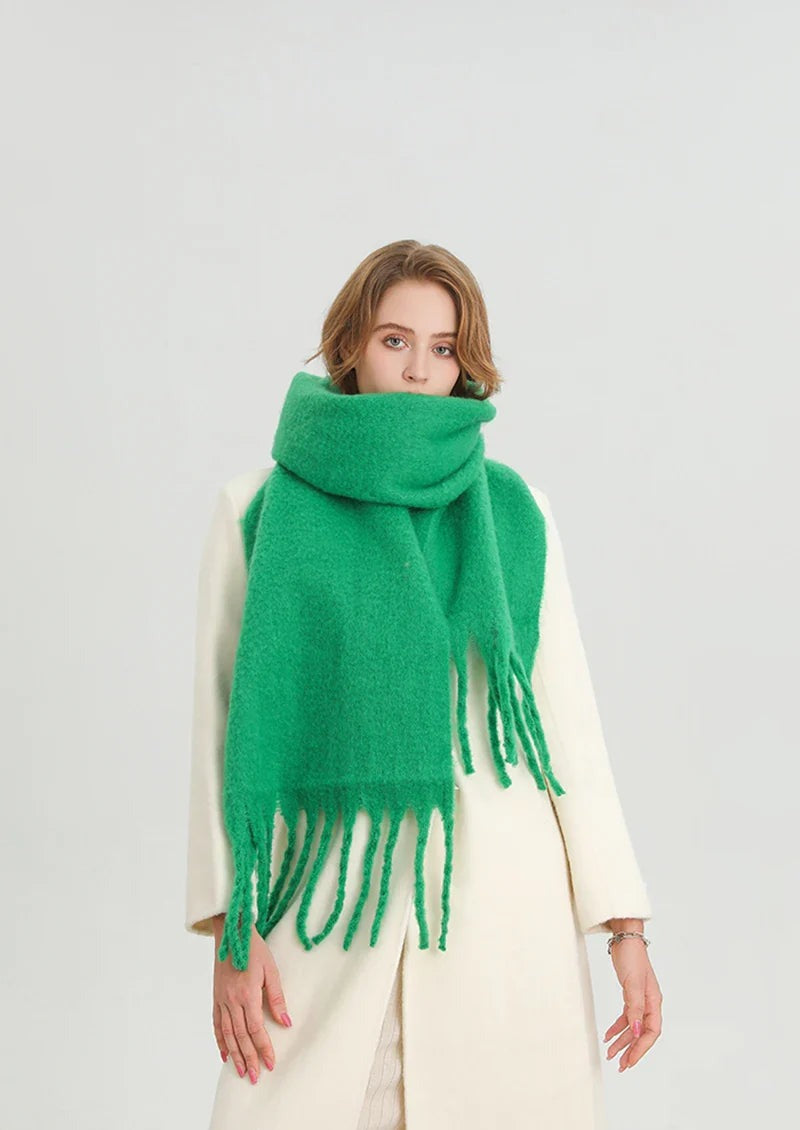 Women's thick plain scarf with large tassels at both ends