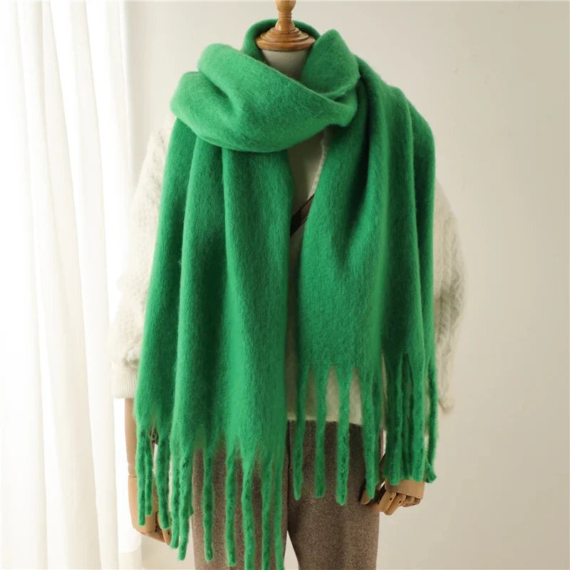 Women's thick plain scarf with large tassels at both ends - green
