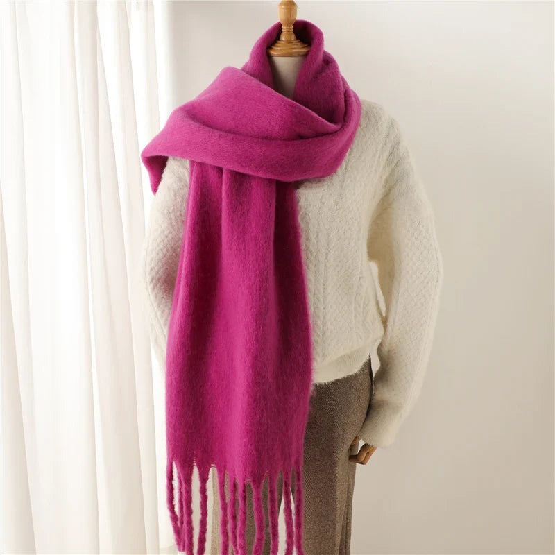 Women's thick plain scarf with large tassels at both ends - magenta