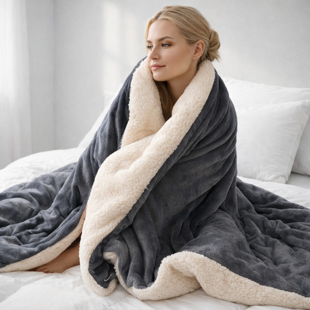 Thick sherpa blanket with a velvet-soft side on a bed