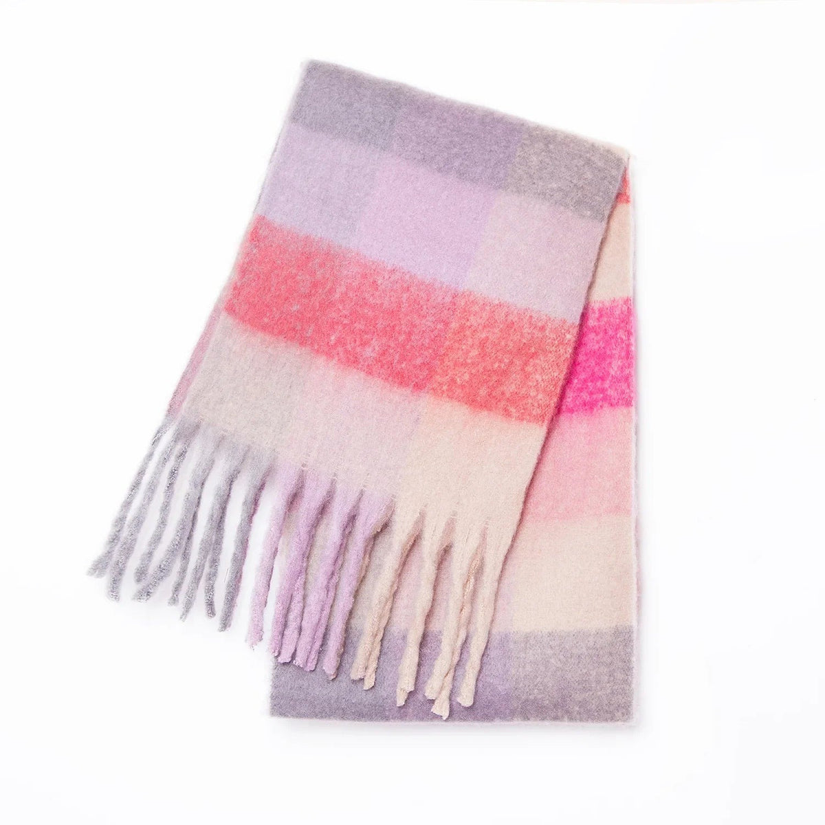 Women's thick striped scarf with wide stripes and chunky fringe - pink/lilac