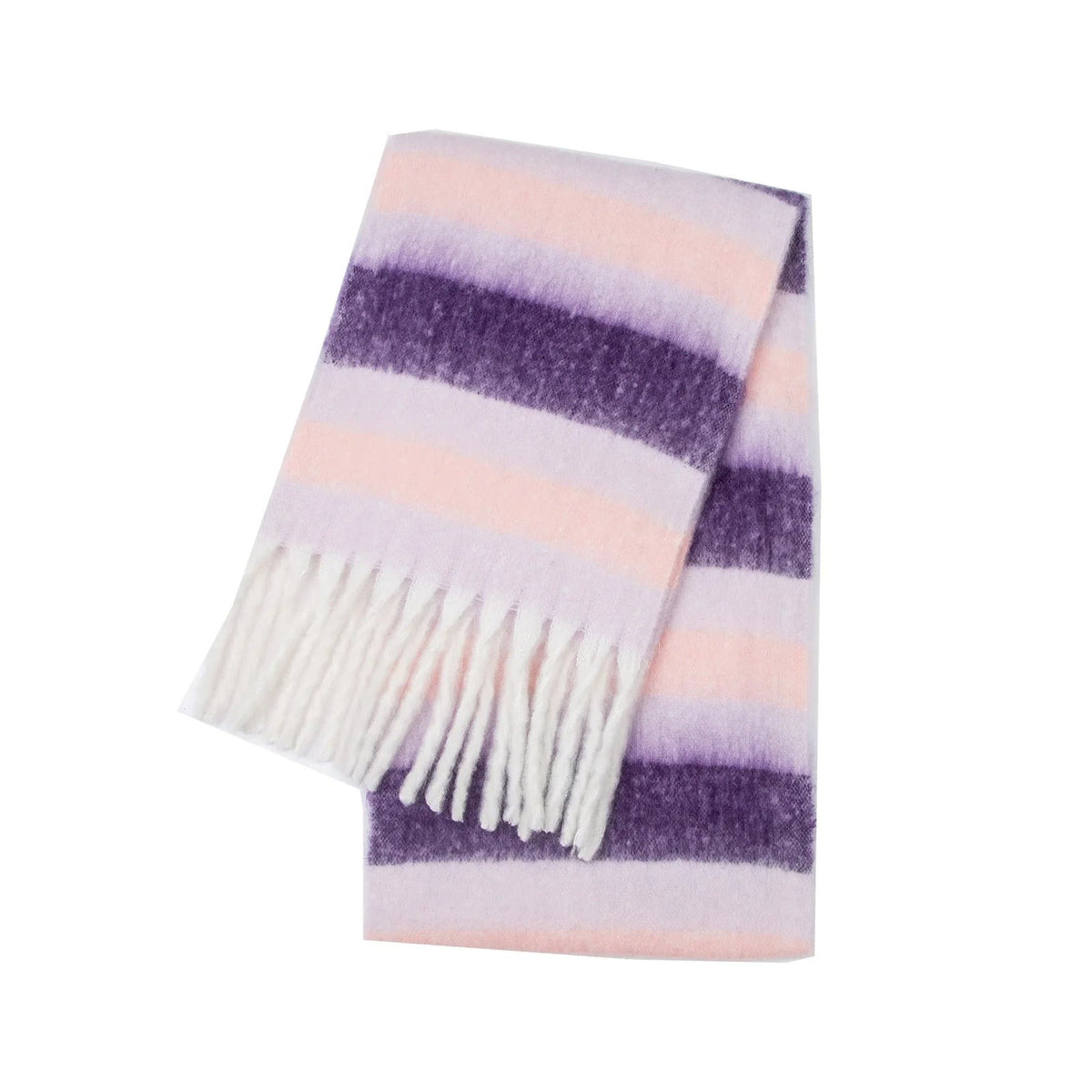 Women's thick striped scarf with wide stripes and chunky fringe - purple/lilac