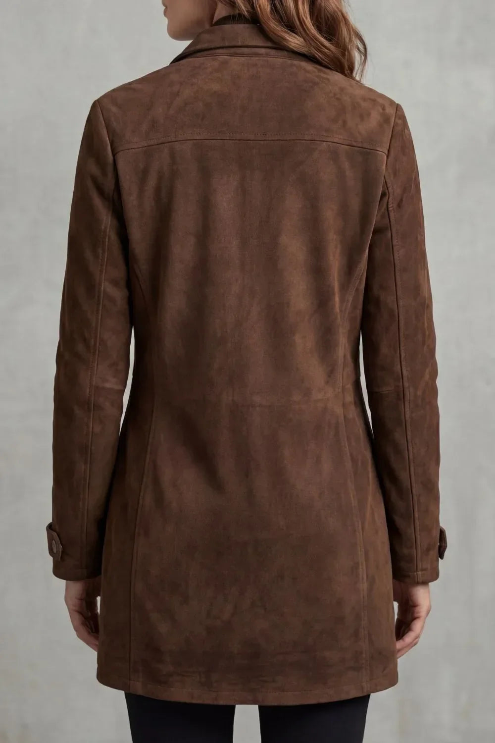 Women's thigh-length coat in faux suede with a zip, snap buttons and chest pockets