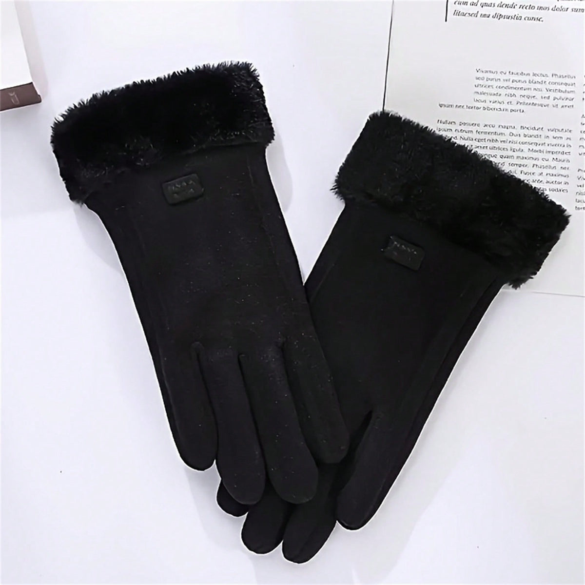 Touchscreen gloves for women in a suede look with a plush cuff - black