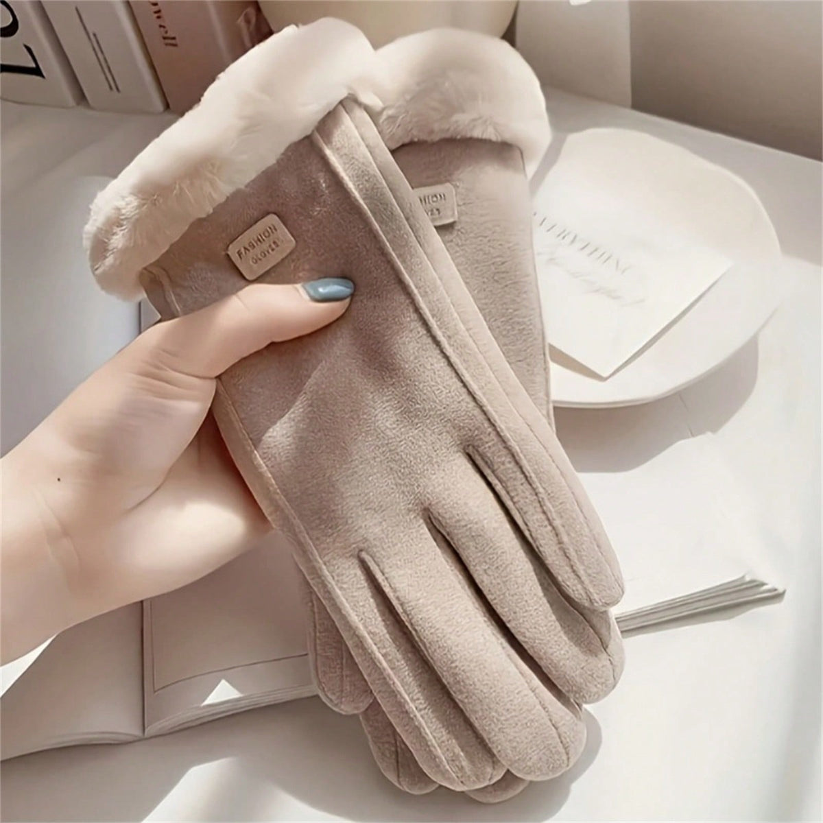Touchscreen gloves for women in a suede look with a plush cuff - view 8