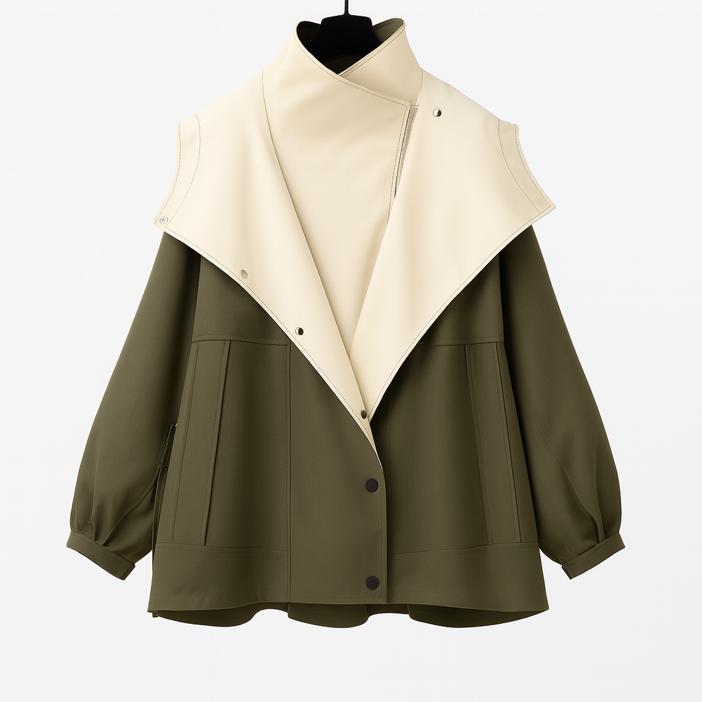 Women's two-tone hooded jacket with a wide collar and drawstring waist