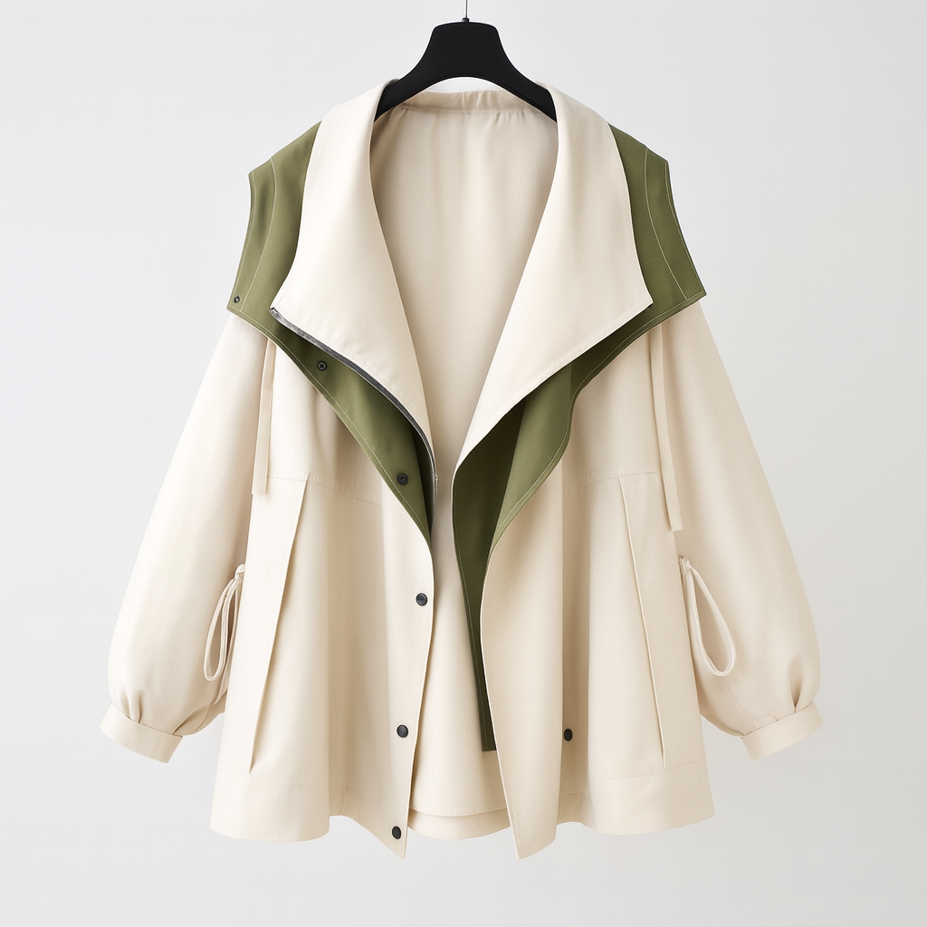 Women's two-tone hooded jacket with a wide collar and drawstring waist - cream