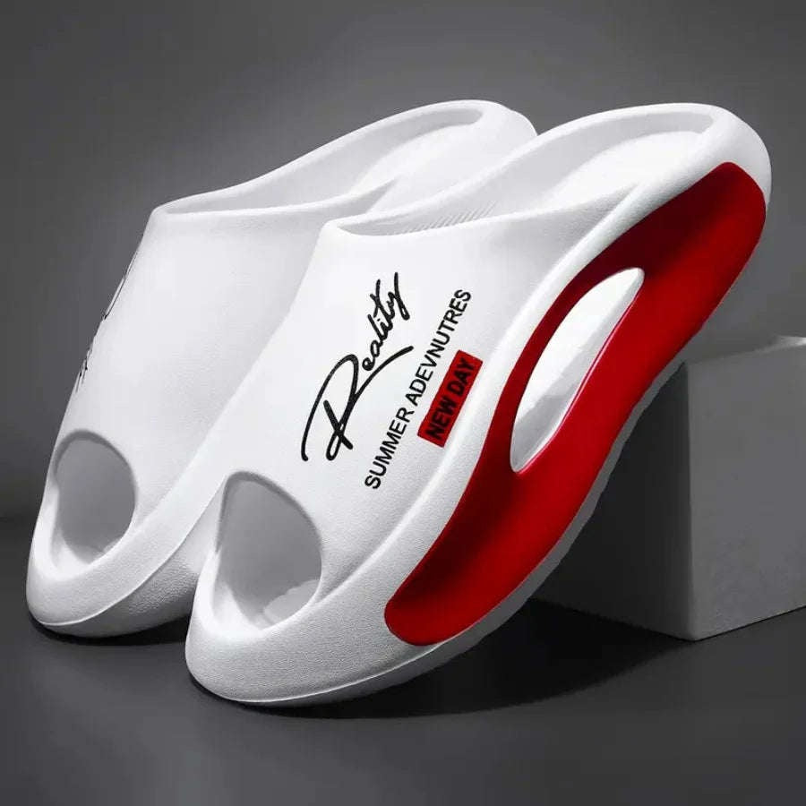 EVA sliders with a wavy footbed in a contrasting colour and thick sole - white / red