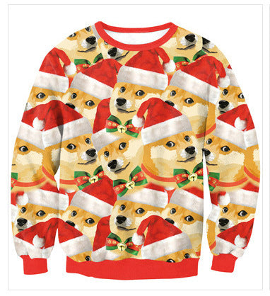 Unisex ugly Christmas jumper with an all-over 3D festive print - shiba dogs in santa hats