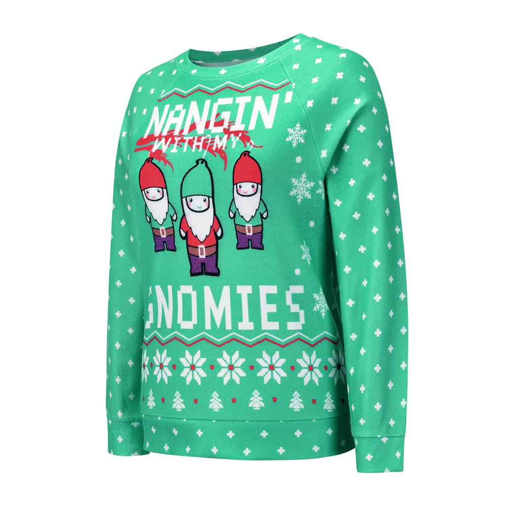 Women's ugly Christmas jumper with three gnomes, a slogan and snowflakes