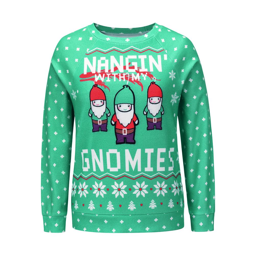 Women's ugly Christmas jumper with three gnomes, a slogan and snowflakes