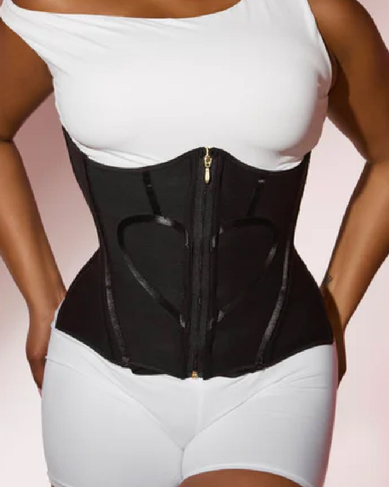 Underbust corset with a front zip, boning and heart-shaped trim - black