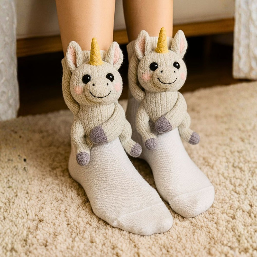 White unicorn socks with a knitted grey unicorn with a gold horn hugging the leg