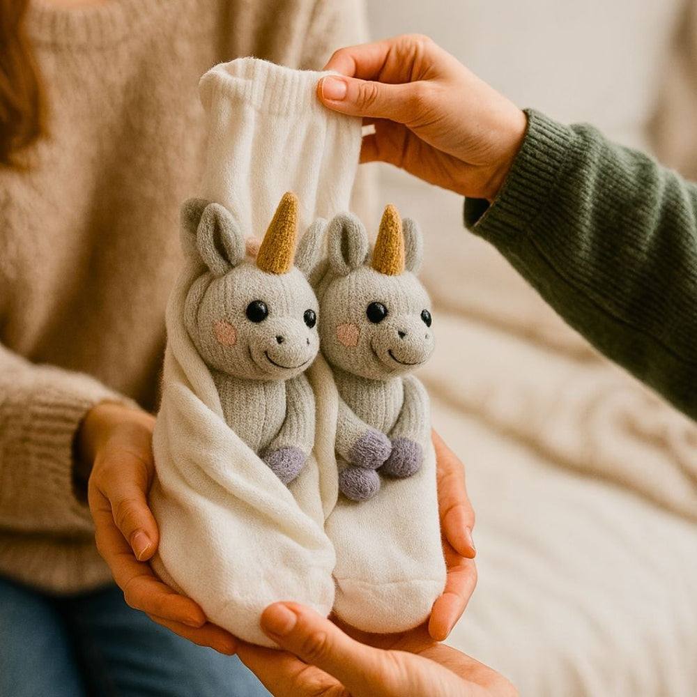 White unicorn socks with a knitted grey unicorn with a gold horn hugging the leg