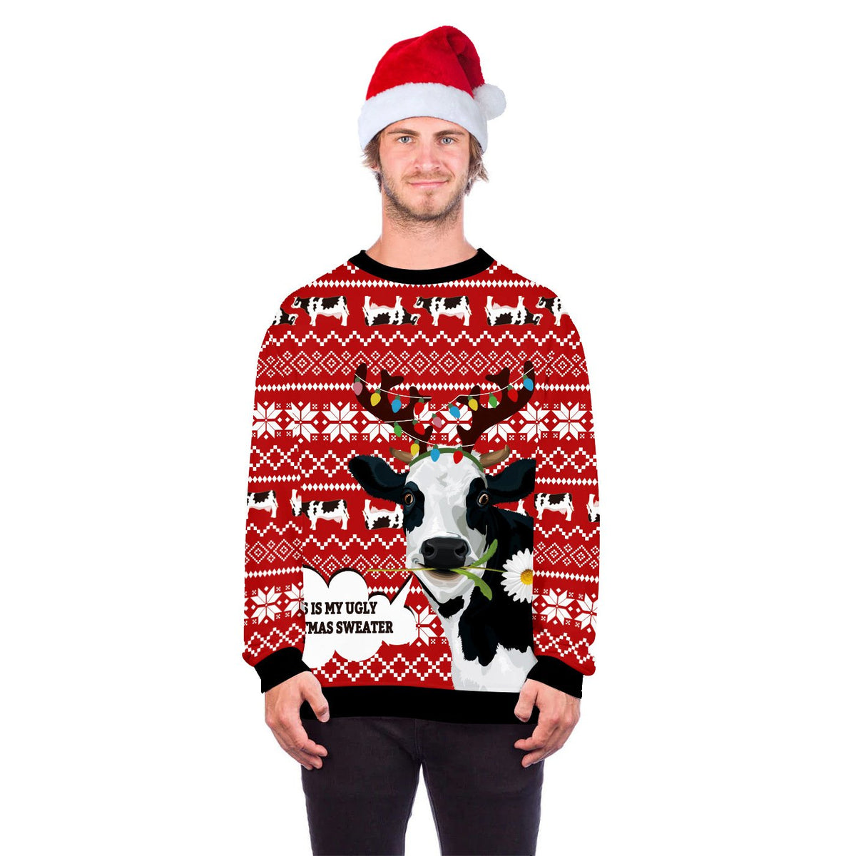 Unisex novelty Christmas jumper with an all-over cat print