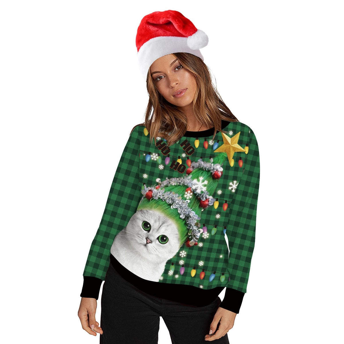 Unisex novelty Christmas jumper with an all-over cat print