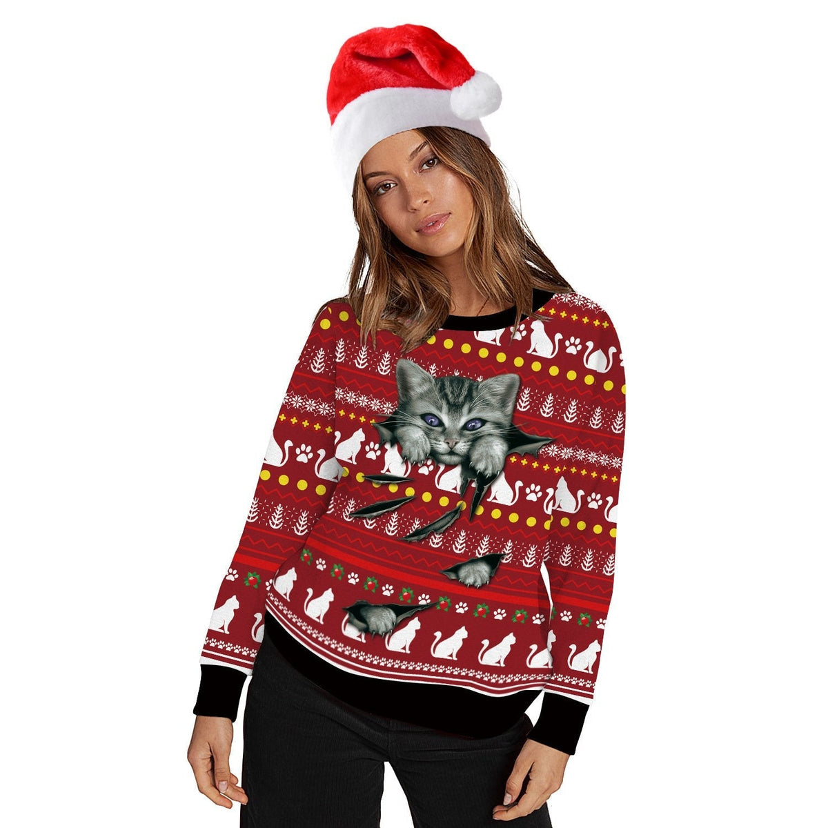 Unisex novelty Christmas jumper with an all-over cat print
