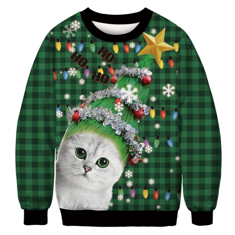 Unisex novelty Christmas jumper with an all-over cat print - green check cat