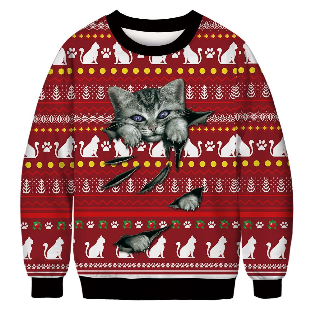 Unisex novelty Christmas jumper with an all-over cat print - red peeking cat