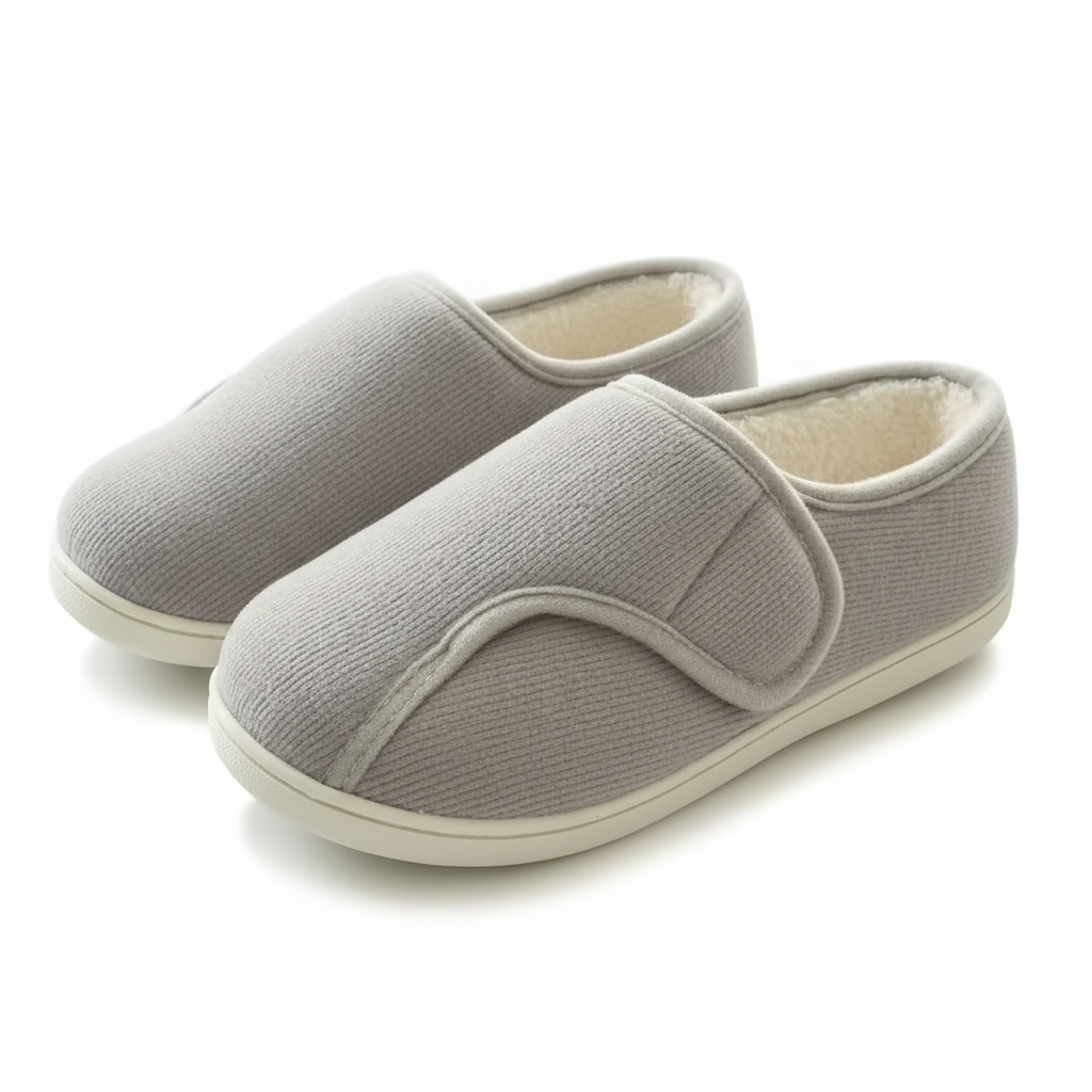 Extra-wide unisex slippers with an adjustable strap and a plush lining in grey