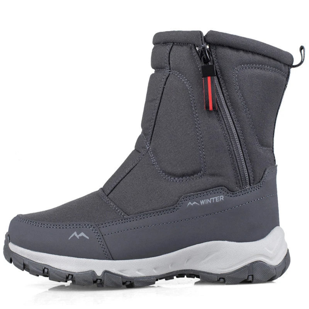 Unisex zip-front snow boots with teddy lining and lug sole