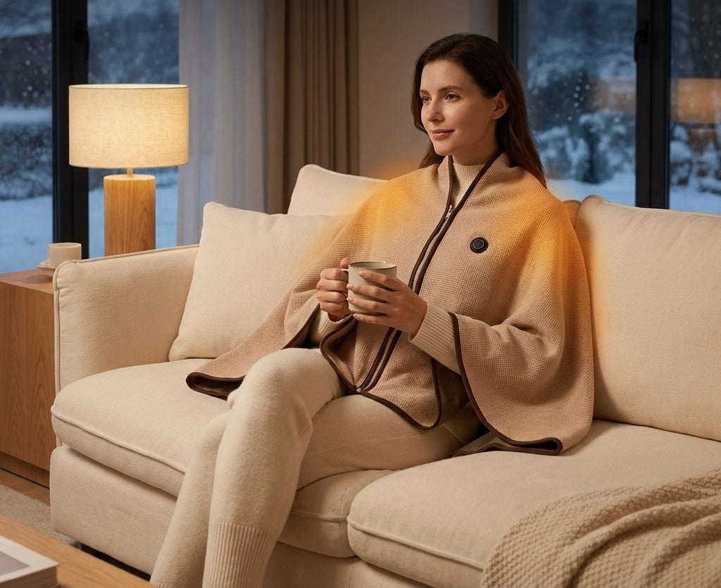 Heated wrap blanket with USB and three heat settings, worn as a cape - view 2