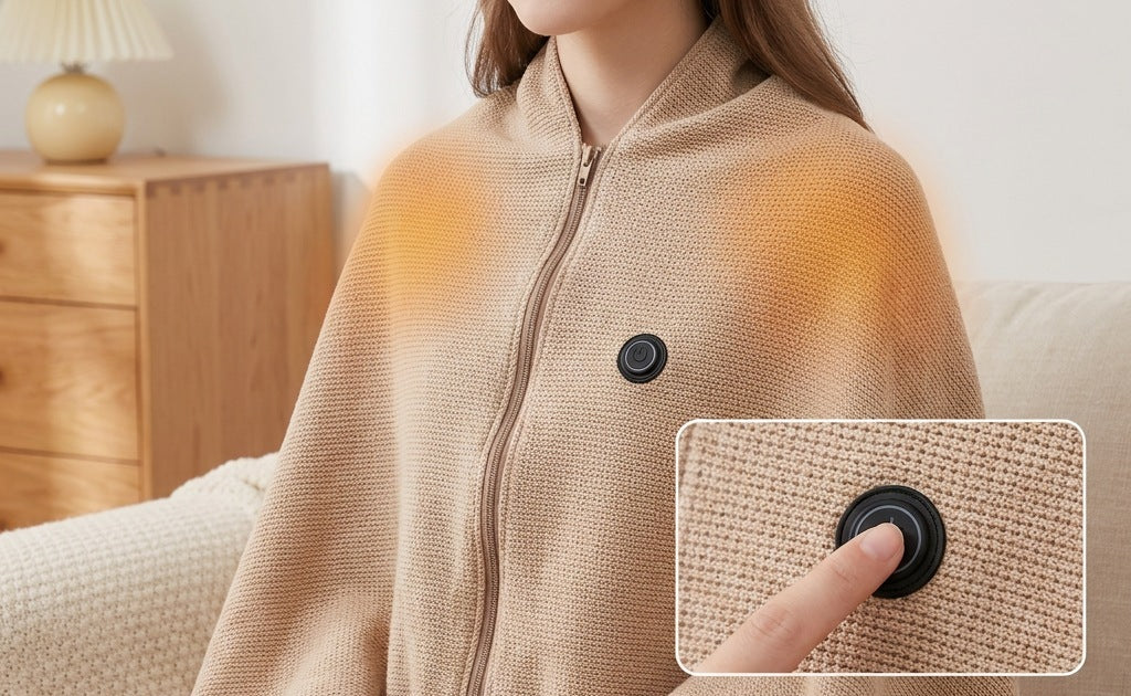 Heated wrap blanket with USB and three heat settings, worn as a cape - view 3