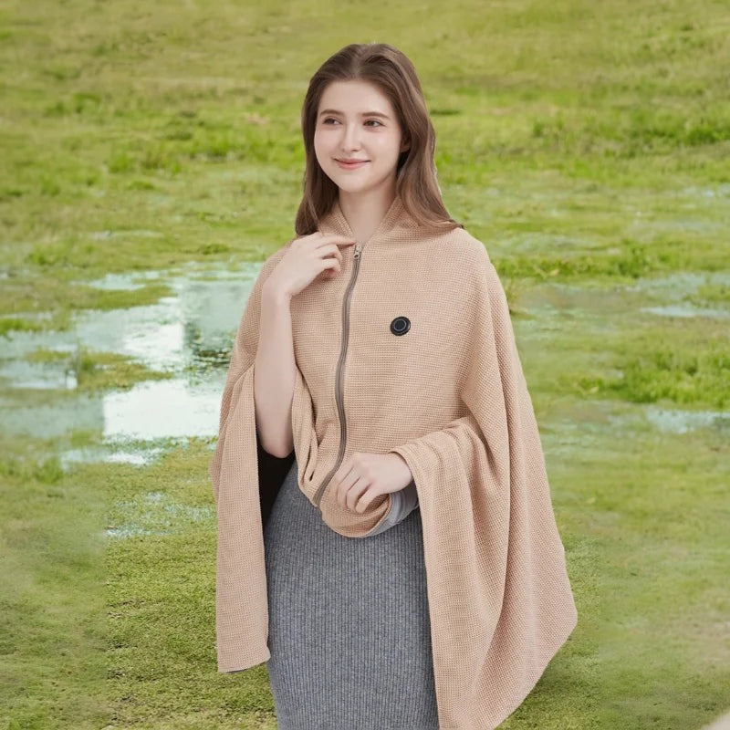 Heated wrap blanket with USB and three heat settings, worn as a cape - view 5
