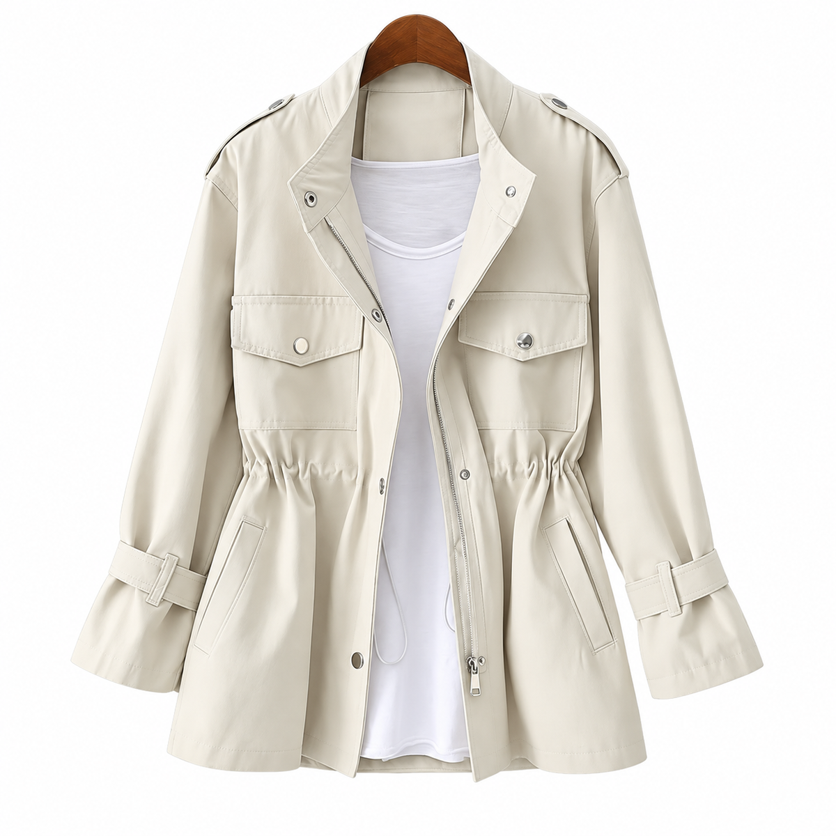 Women's utility jacket with a stand collar and drawstring waist - off-white