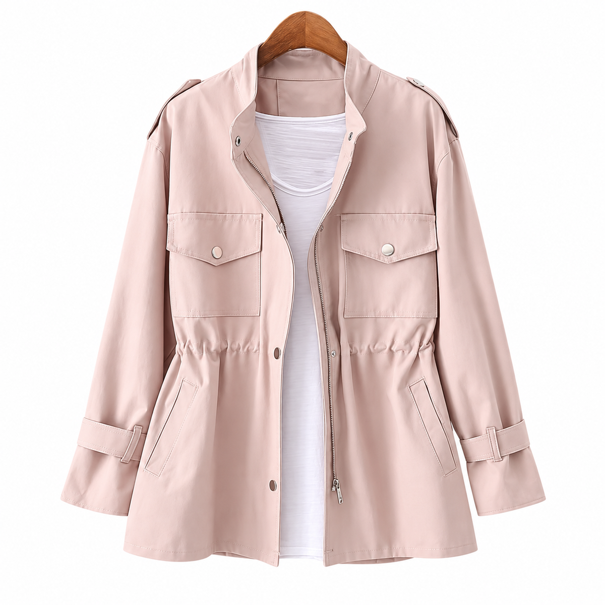 Women's utility jacket with a stand collar and drawstring waist - dusty pink