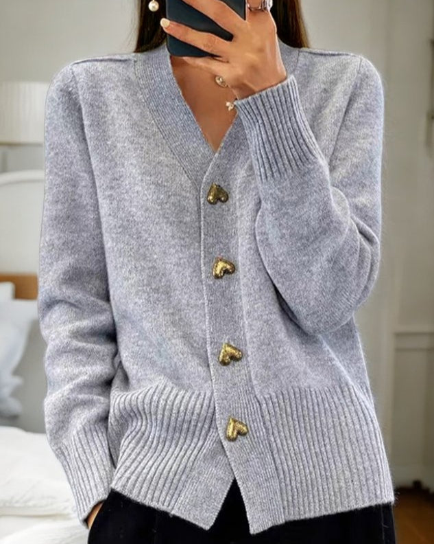 Women's V-neck knit cardigan with gold-tone heart buttons - grey