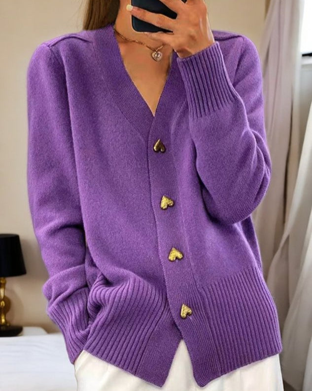 Women's V-neck knit cardigan with gold-tone heart buttons - purple