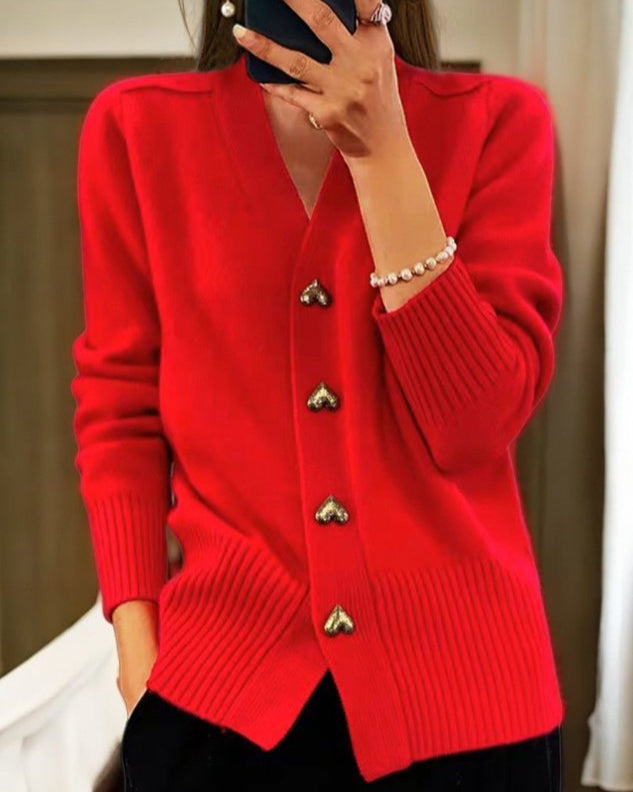 Women's V-neck knit cardigan with gold-tone heart buttons - red