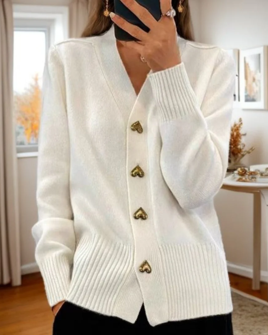 Women's V-neck knit cardigan with gold-tone heart buttons - ivory