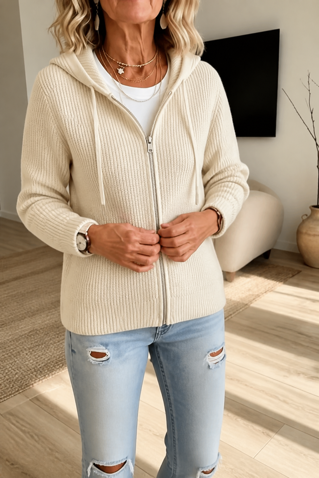 Women's ribbed knit zip cardigan in Off White