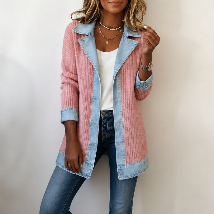 Women's ribbed knit jacket with denim collar in Pink