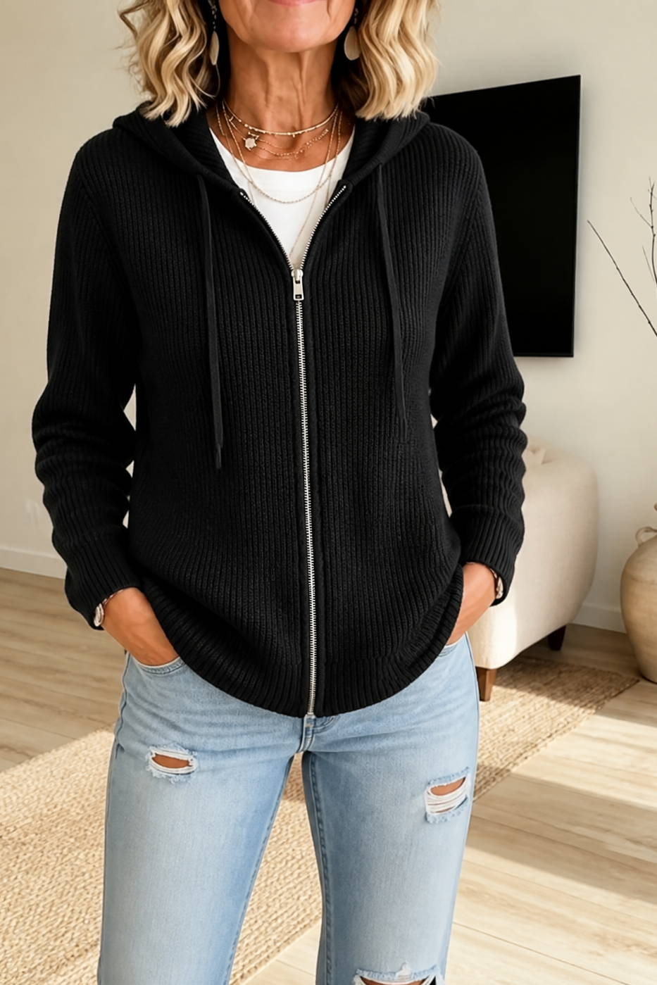 Women's ribbed knit zip cardigan in Black