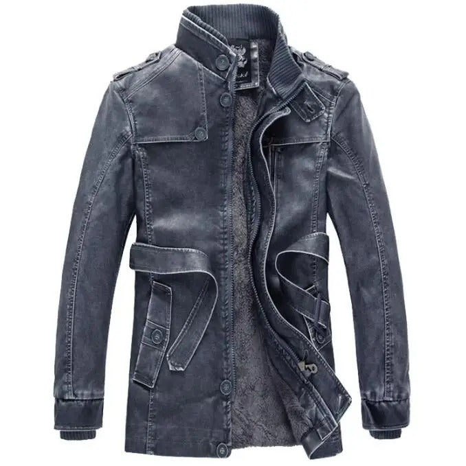 Men's Long Fleece-Lined Leather Jacket – Saint Dor UK – detail view