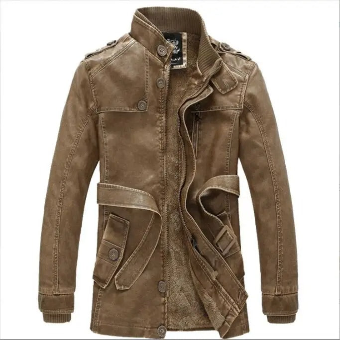 Men's Long Fleece-Lined Leather Jacket – Saint Dor UK – angle view